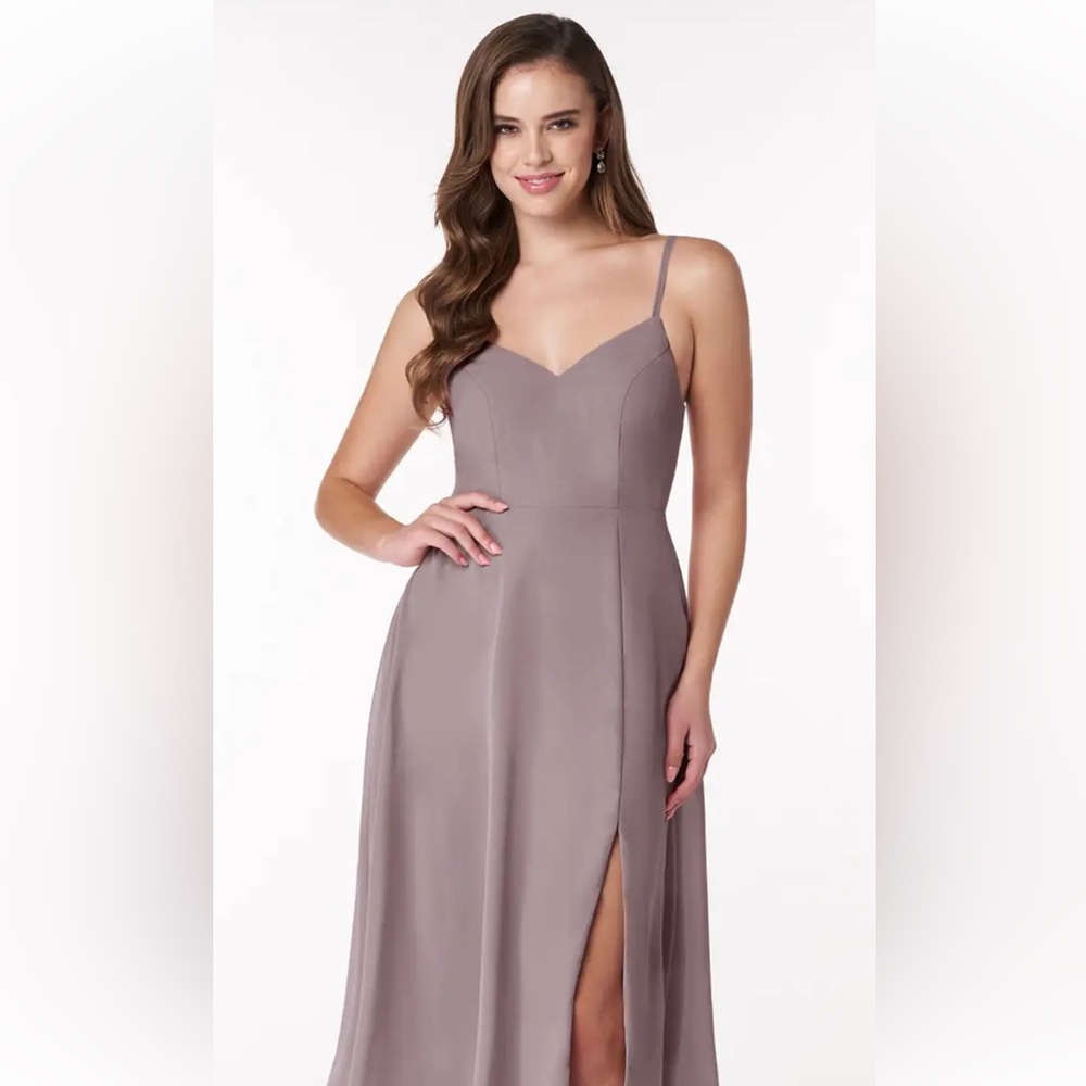 Azazie Mandy Maxi Dress in Taupe V Neck Formal Bridesmaid Size A2 - Picture 5 of 15
